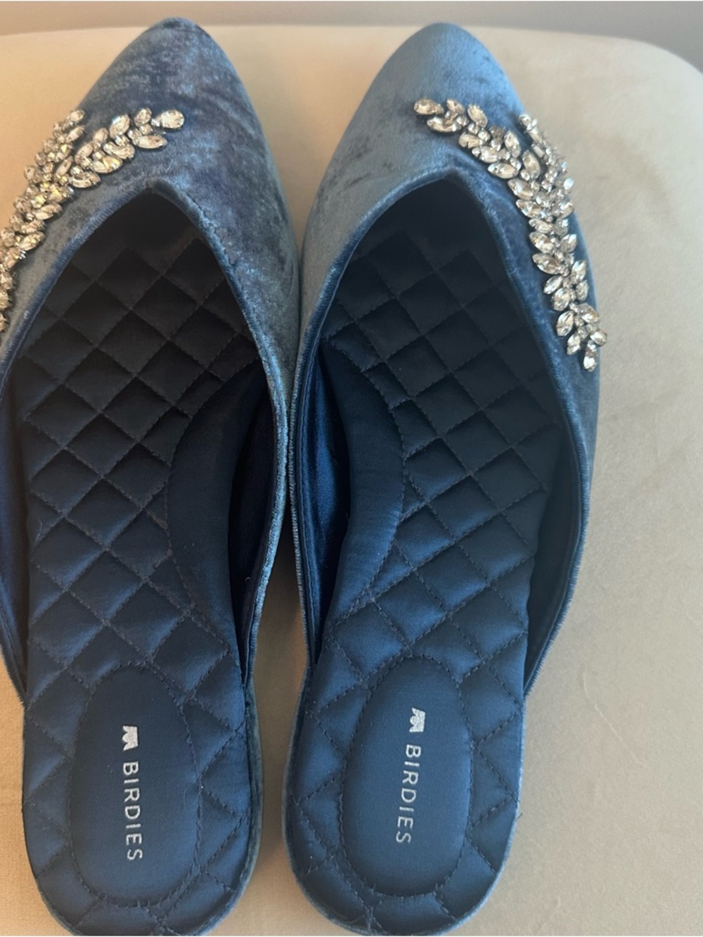 Birdies The Swan Mule Blue Velvet Pointed-Toe Mules with Crystal Embellishment - Picture 7 of 8